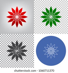 Flower sign. Vector. 4 styles. Red gradient in radial lighted background, green flat and gray scribble icons on transparent and linear one in blue circle.