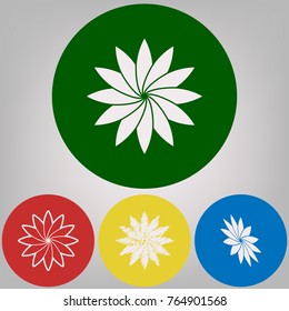 Flower sign. Vector. 4 white styles of icon at 4 colored circles on light gray background.