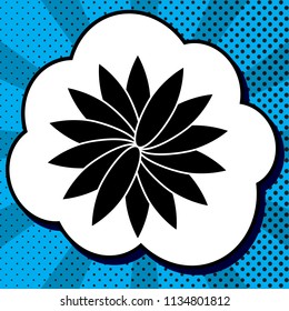 Flower sign. Vector. Black icon in bubble on blue pop-art background with rays.