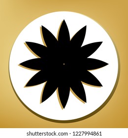 Flower sign. Vector. Black icon with light brown shadow in white circle with shaped ring at golden background.