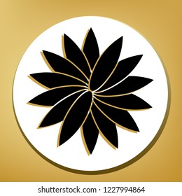 Flower sign. Vector. Black icon with light brown shadow in white circle with shaped ring at golden background.
