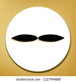 Flower sign. Vector. Black icon with light brown shadow in white circle with shaped ring at golden background.