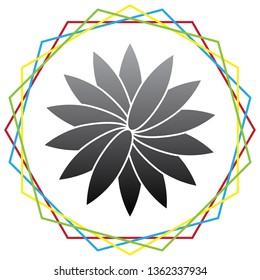 Flower sign. Vector. Black icon with patch of light inside colorful hexagonal frames at white background.