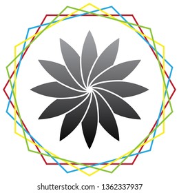 Flower sign. Vector. Black icon with patch of light inside colorful hexagonal frames at white background.