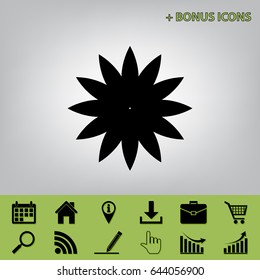 Flower sign. Vector. Black icon at gray background with bonus icons 