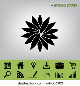 Flower sign. Vector. Black icon at gray background with bonus icons
