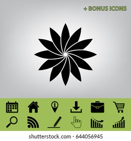 Flower sign. Vector. Black icon at gray background with bonus icons 