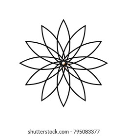 Flower sign. Vector. Black line icon with shifted flat orange filled icon on white background. Isolated.