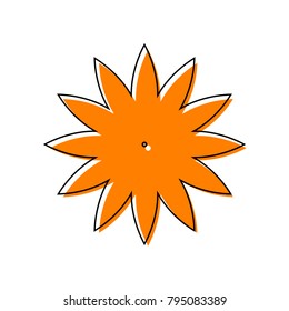 Flower sign. Vector. Black line icon with shifted flat orange filled icon on white background. Isolated.