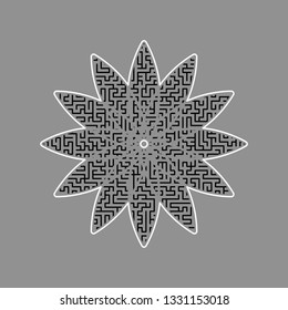 Flower sign. Vector. Black maze filled icon with white border at gray background.