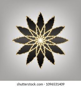 Flower sign. Vector. Blackish icon with golden stars at grayish background.