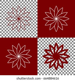 Flower sign. Vector. Bordo and white icons and line icons on chess board with transparent background.