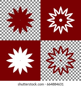 Flower sign. Vector. Bordo and white icons and line icons on chess board with transparent background.
