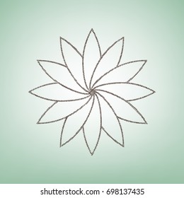 Flower sign. Vector. Brown flax icon on green background with light spot at the center.
