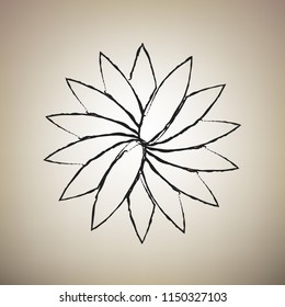 Flower sign. Vector. Brush drawed black icon at light brown background.