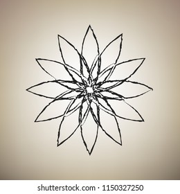 Flower sign. Vector. Brush drawed black icon at light brown background.