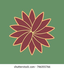 Flower sign. Vector. Cordovan icon and mellow apricot halo with light khaki filled space at russian green background.