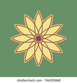 Flower sign. Vector. Cordovan icon and mellow apricot halo with light khaki filled space at russian green background.