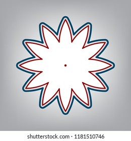 Flower sign. Vector. Dark red, transparent and midnight green stroke of white icon at grayish background.