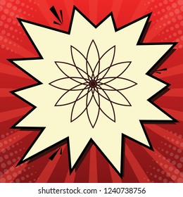 Flower sign. Vector. Dark red icon in lemon chiffon shutter bubble at red popart background with rays.