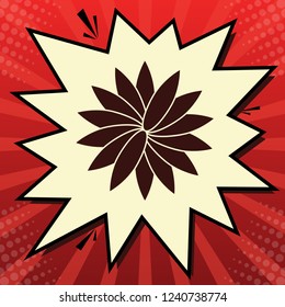 Flower sign. Vector. Dark red icon in lemon chiffon shutter bubble at red popart background with rays.