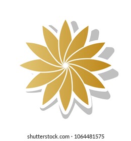 Flower sign. Vector. Golden gradient icon with white contour and rotated gray shadow at white background.