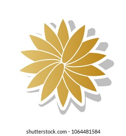 Flower sign. Vector. Golden gradient icon with white contour and rotated gray shadow at white background.