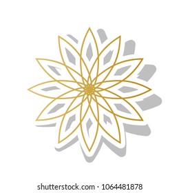 Flower sign. Vector. Golden gradient icon with white contour and rotated gray shadow at white background.