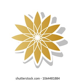 Flower sign. Vector. Golden gradient icon with white contour and rotated gray shadow at white background.