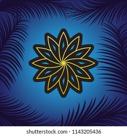 Flower sign. Vector. Golden icon with black contour at blue background with branches of palm trees.