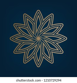 Flower sign. Vector. Golden icon and border at dark cyan background.