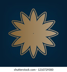 Flower sign. Vector. Golden icon and border at dark cyan background.