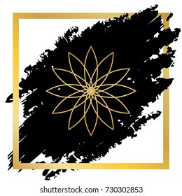 Flower sign. Vector. Golden icon at black spot inside golden frame on white background.