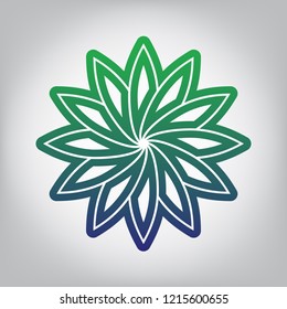 Flower sign. Vector. Green to blue gradient contour icon at grayish background with light in center.