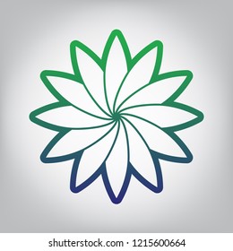 Flower sign. Vector. Green to blue gradient contour icon at grayish background with light in center.