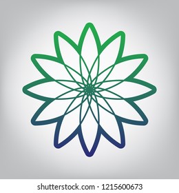 Flower sign. Vector. Green to blue gradient contour icon at grayish background with light in center.