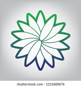 Flower sign. Vector. Green to blue gradient contour icon at grayish background with light in center.