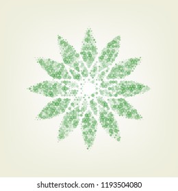 Flower sign. Vector. Green hexagon rastered icon and noised opacity and size at light green background with central light.