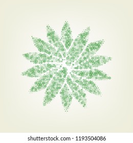 Flower sign. Vector. Green hexagon rastered icon and noised opacity and size at light green background with central light.