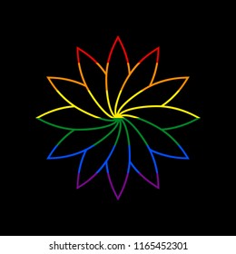 Flower sign. Vector. Icon with colors of LGBT flag at black background.