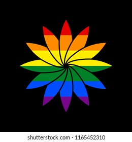 Flower sign. Vector. Icon with colors of LGBT flag at black background.