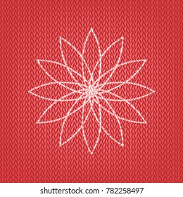 Flower sign. Vector. Knitted white icon on a red knitted background.