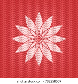 Flower sign. Vector. Knitted white icon on a red knitted background.
