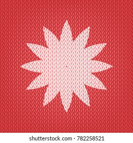 Flower sign. Vector. Knitted white icon on a red knitted background.