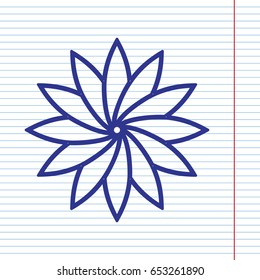 Flower sign. Vector. Navy line icon on notebook paper as background with red line for field.