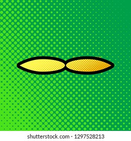 Flower sign. Vector. Pop art orange to yellow dots-gradient icon with black contour at greenish background.