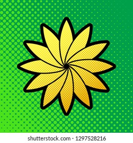 Flower sign. Vector. Pop art orange to yellow dots-gradient icon with black contour at greenish background.