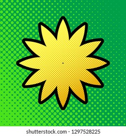 Flower sign. Vector. Pop art orange to yellow dots-gradient icon with black contour at greenish background.