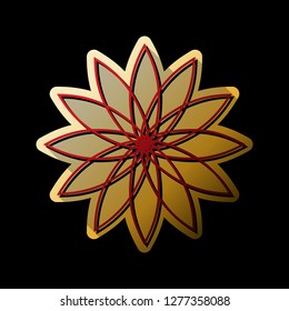 Flower sign. Vector. Red icon with small black and limitless shadows at golden sticker on black background.
