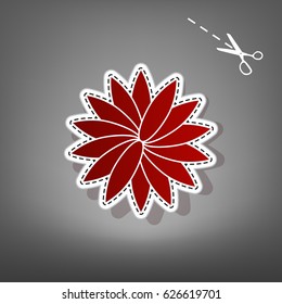 Flower sign. Vector. Red icon with for applique from paper with shadow on gray background with scissors.